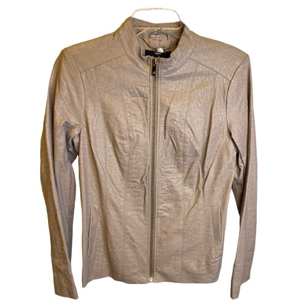 Dennis Basso Croc Embossed Faux Leather Motorcycle Jacket Taupe Size XS